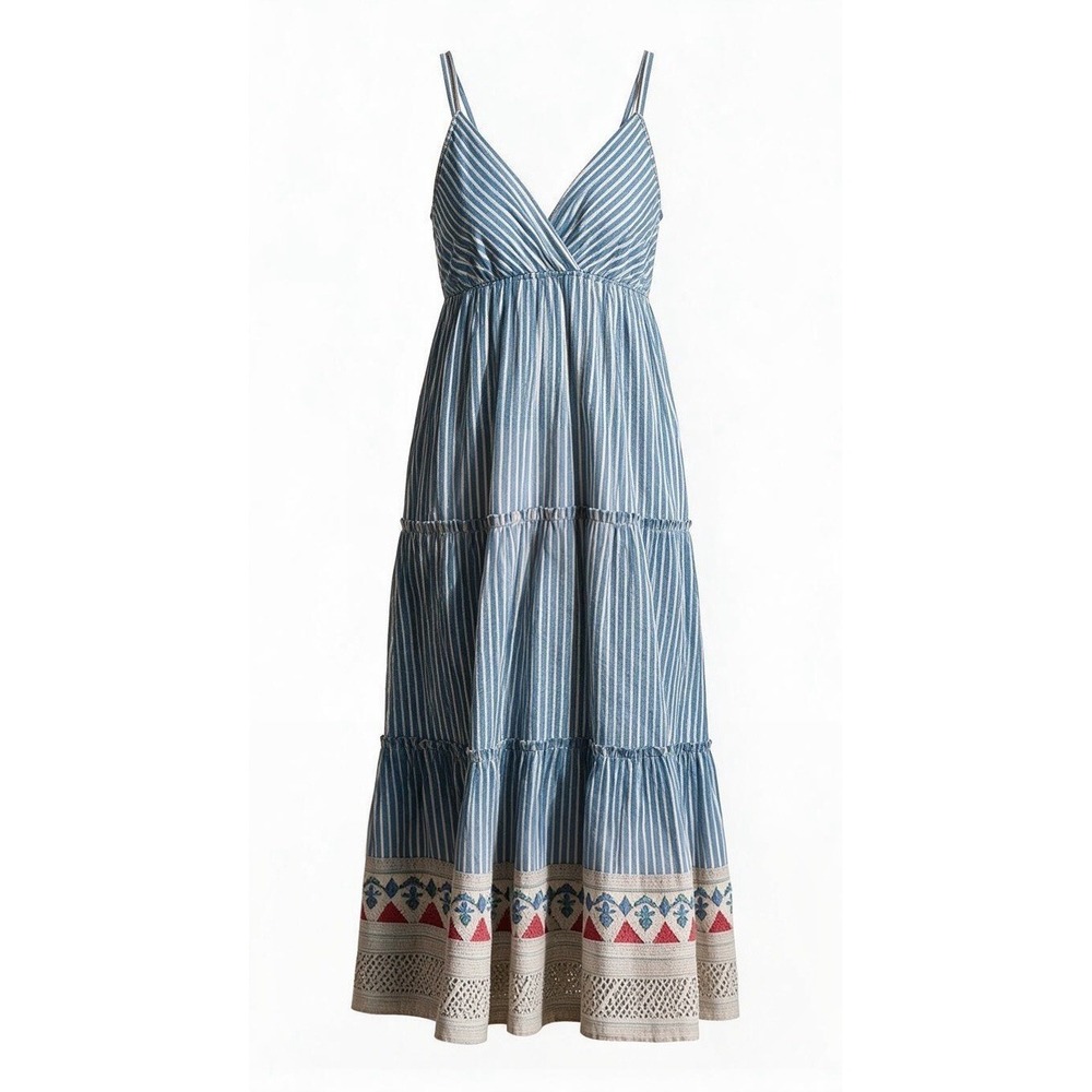 Natural Life Seer Sucker Striped Sundress M Boho Print Women's Adjustable Strap